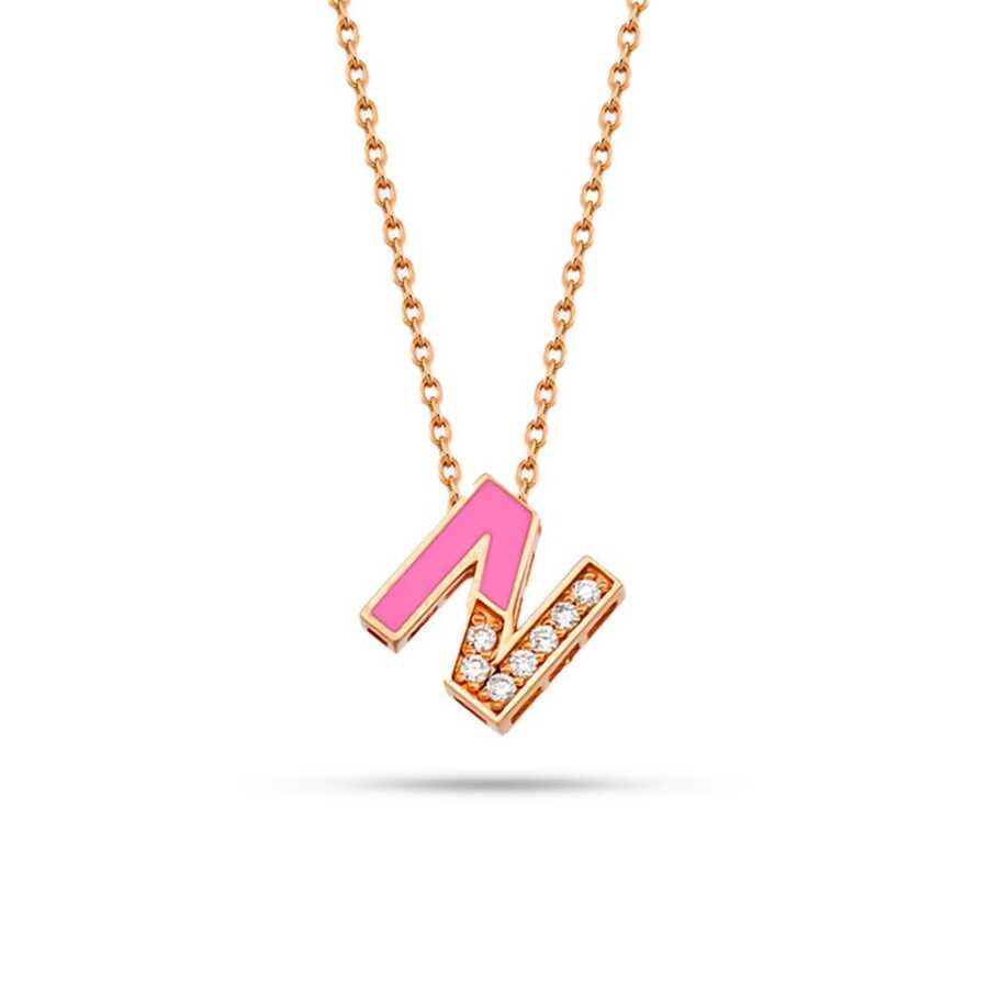 0.04 CT Pırlanta Taşlı Ve Pembe Mineli N Harf Kolye - Harf Kolyeler