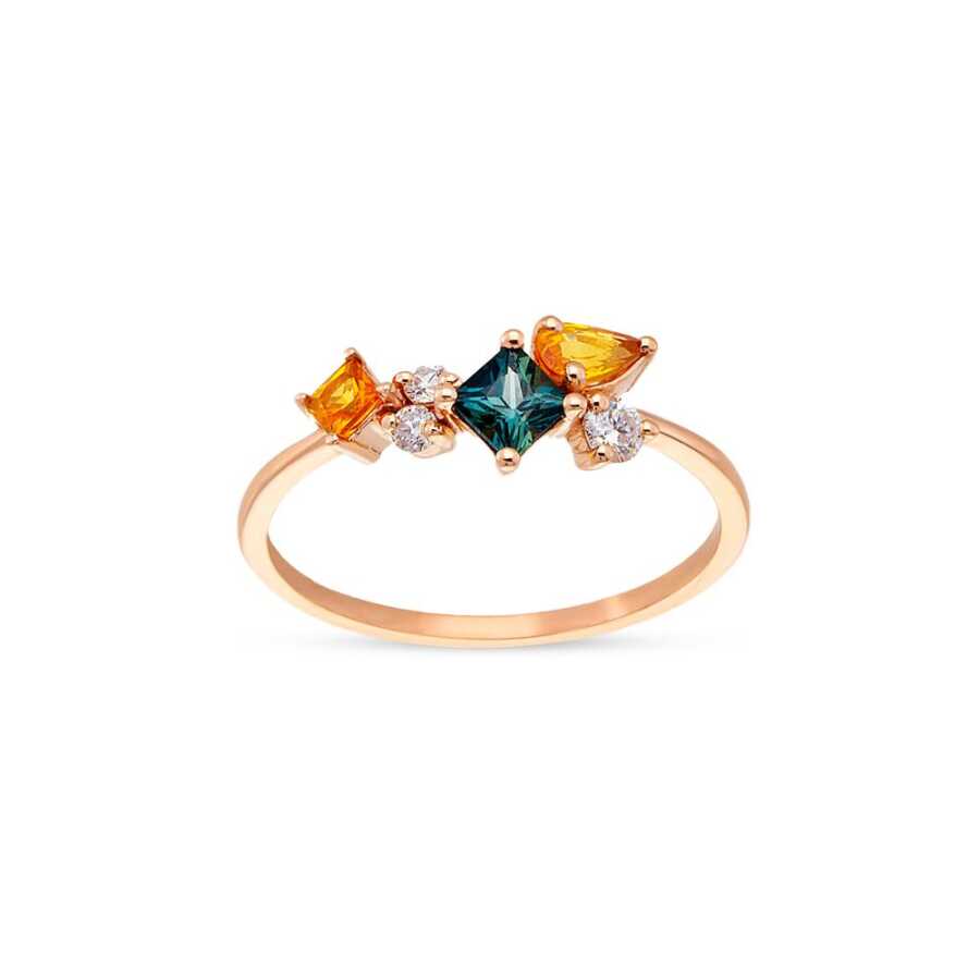 0.81 Karat Multicolor Safir Ve Pırlanta Taşlı Rose Altın Yüzük - Tasarım Yüzükler
