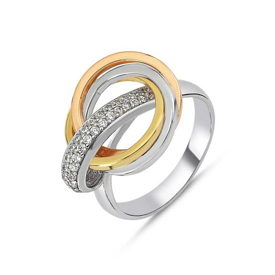 Eterna Sarı-Beyaz-Rose Altın Taşlı Yüzük X2879RAV1 - Yüzükler