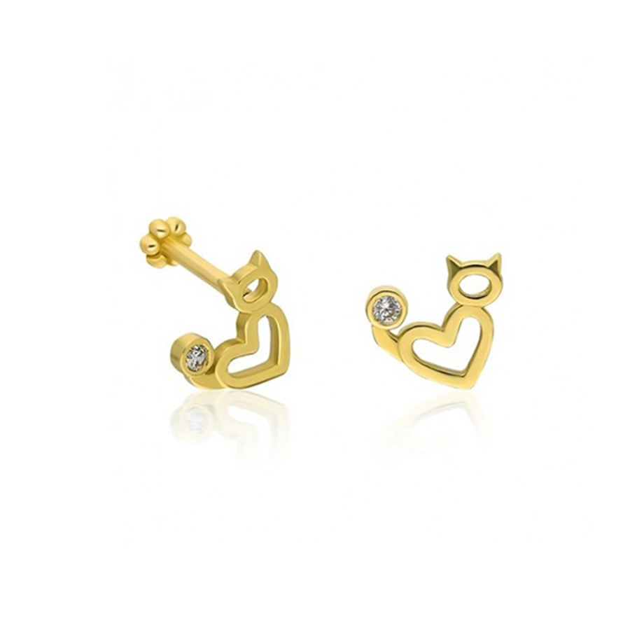 Kedi Figürü Kalpli Altın Piercing PRC0043 - Küpeler