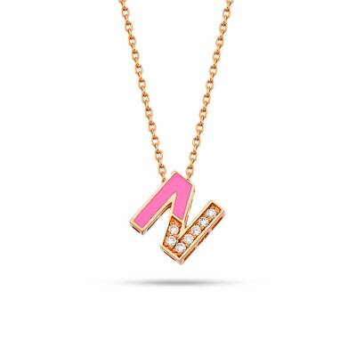 0.04 CT Pırlanta Taşlı Ve Pembe Mineli N Harf Kolye