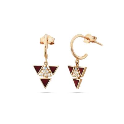 0.12 Karat Pırlanta Taşlı Ve Bordo Mineli Küpe