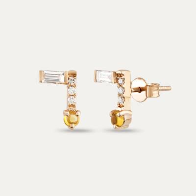 0.52 CT Baget Pırlanta Ve Golden Yellow Safir Taşlı Küpe