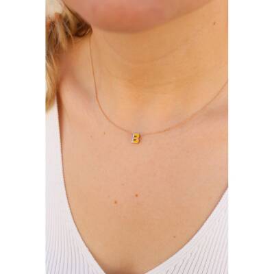 0.03 CT Pırlanta Taşlı Ve Sarı Mineli B Harf Kolye